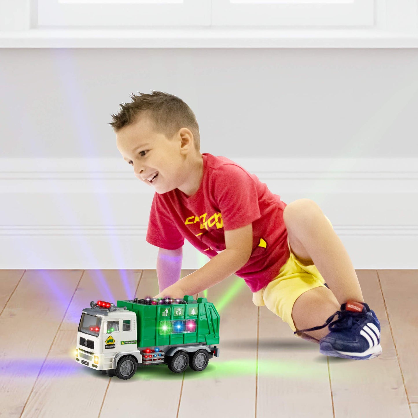 Zetz Brands Toy Garbage Truck - 4D Lights & Sounds, Green Plastic Push Toy for Kids 3+