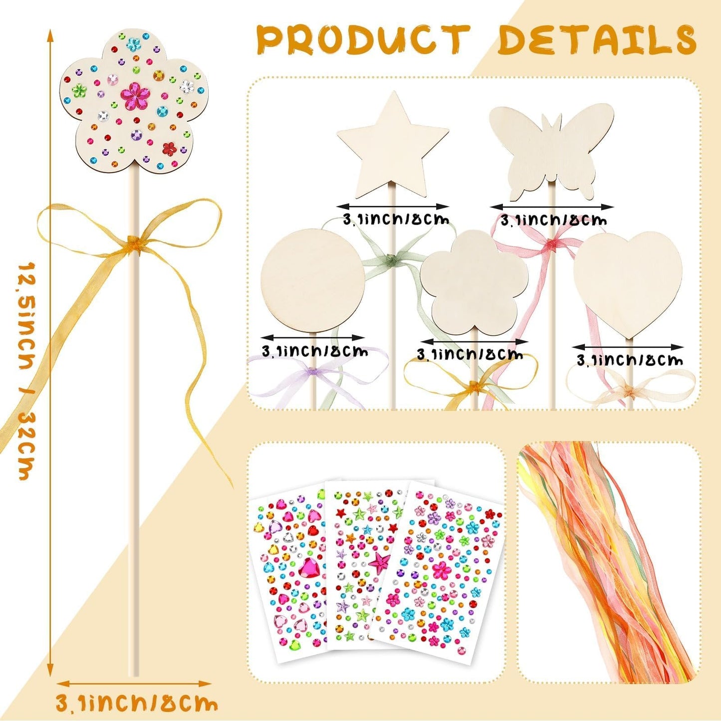 AUGSUN 43Pcs Princess Fairy Wands Kit, 20Pcs Wood Fairy Wands 20 Ribbons with 3 Sheets Gem Stickers Birthday Party Supplies Make