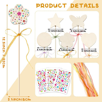 AUGSUN 43Pcs Princess Fairy Wands Kit, 20Pcs Wood Fairy Wands 20 Ribbons with 3 Sheets Gem Stickers Birthday Party Supplies Make