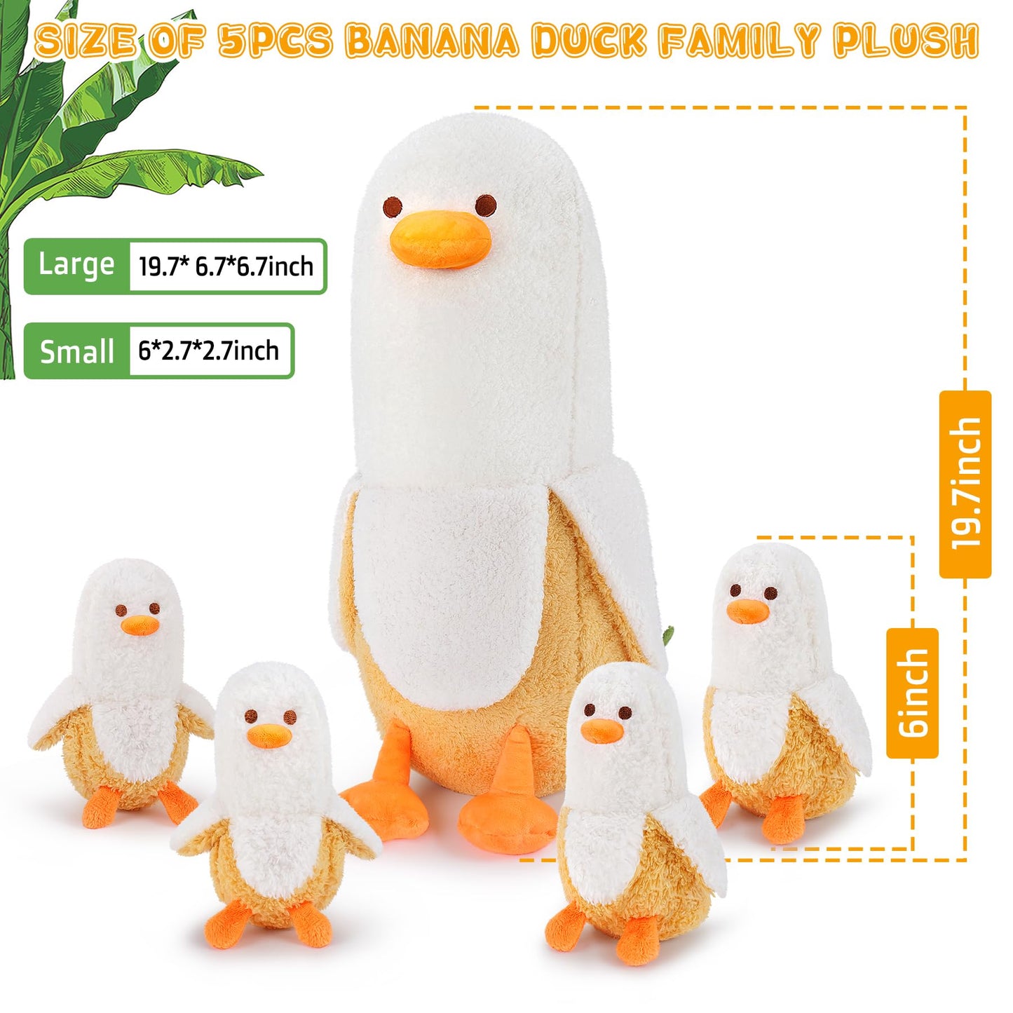 Auspicious Beginning Banana Duck Plush Family - 20'' Cotton Mommy & 4 Baby Ducks - Cute Kawaii Gifts for Kids, Boys & Girls