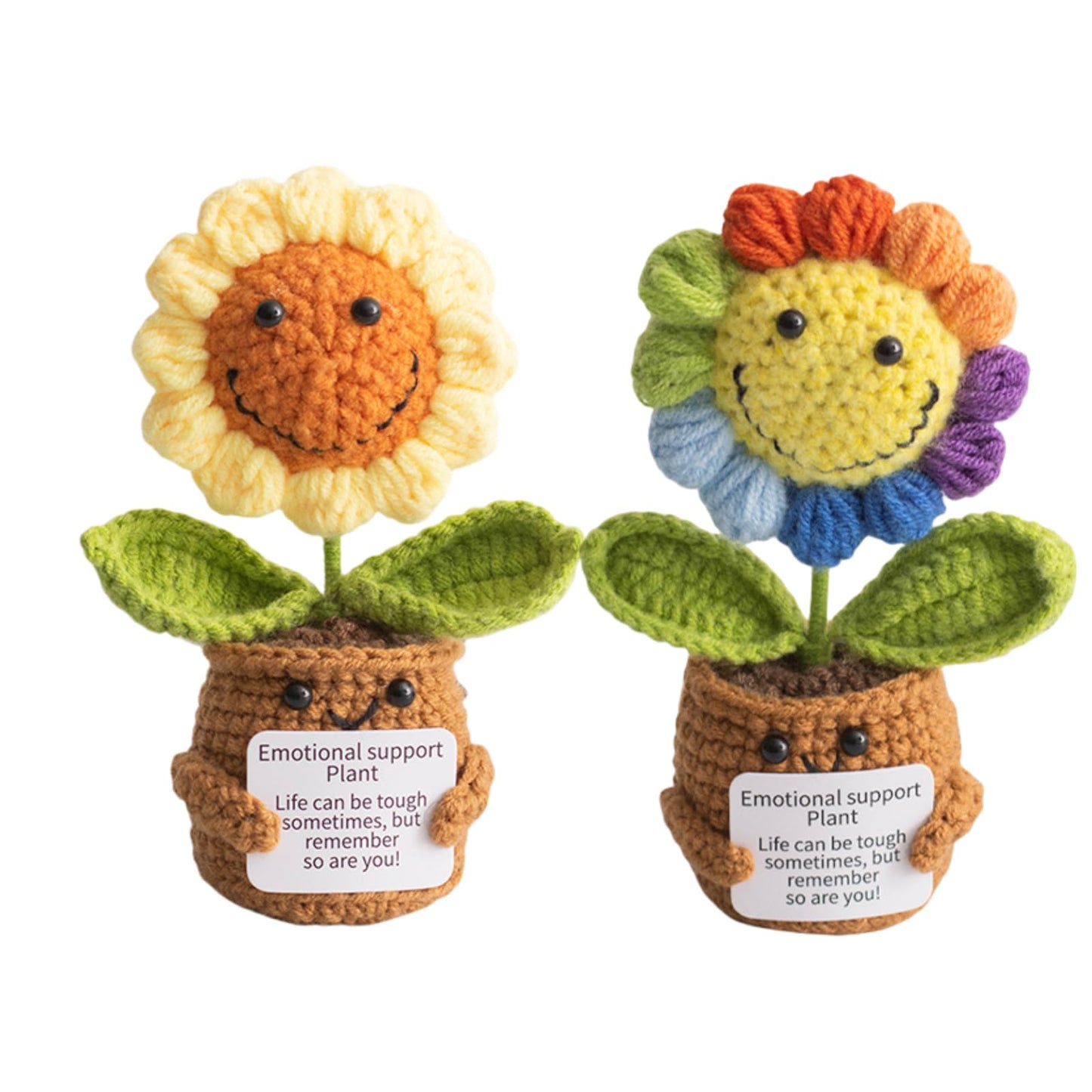 2Pcs Emotional Support Plush Sunflower  Crochet Plant Smile Flowers  Handmade Knitted Flowers Doll  Positive Crochetd Sunflowers Plant Decor with Positive Card  Desk Decor  Encouraging Cheer Up Gifts