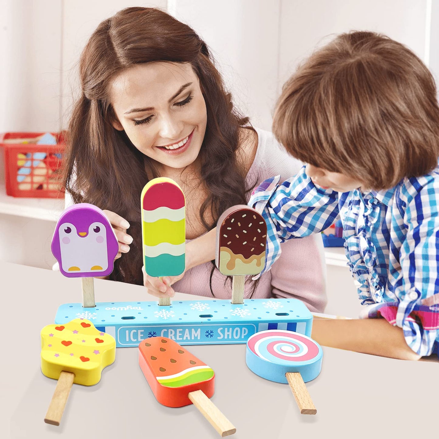 Wooden Ice Cream Toy for Kids, Toddler Pretend Play Food Ice Lolly Pops Set, Preschool Educational Toys and Gifts for Kids Age 3
