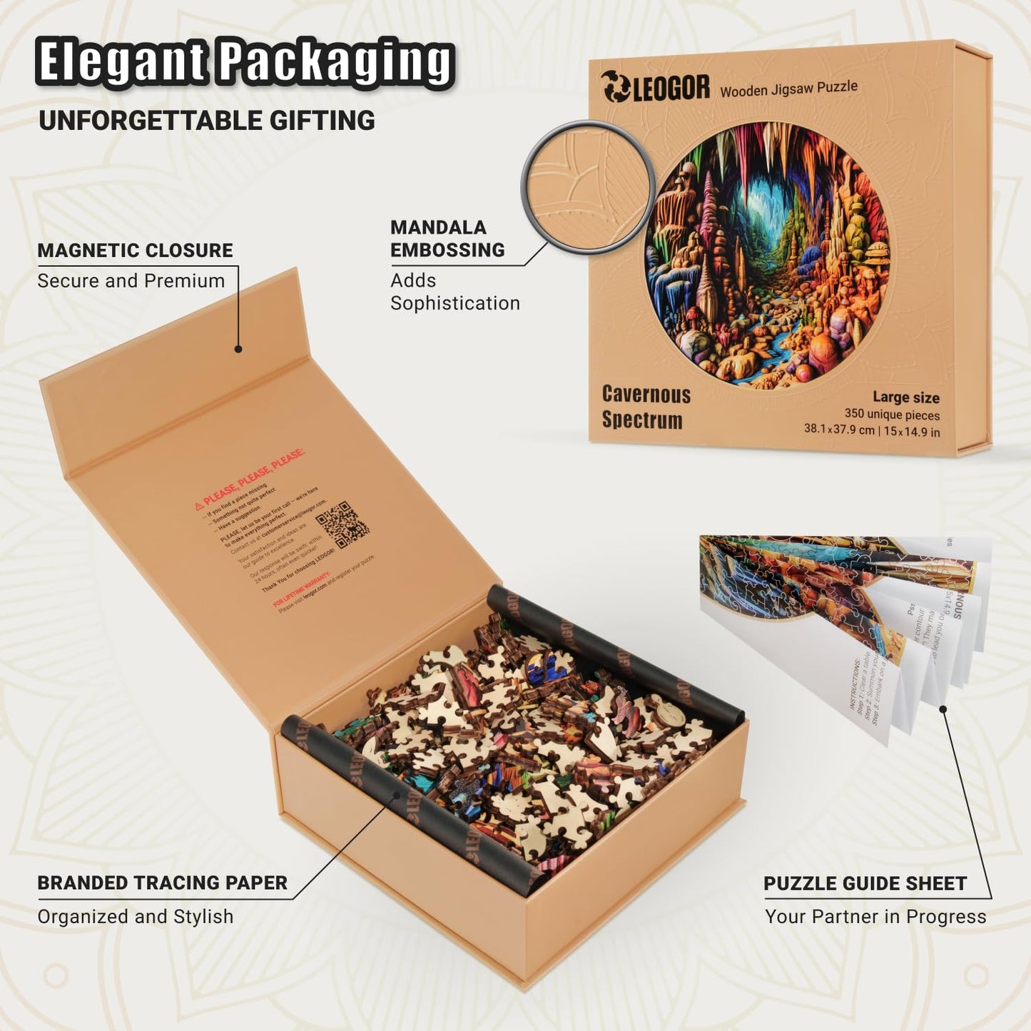 Cavernous Spectrum - 350 Piece Wooden Puzzles for mature-themeds - 15 x 14.9 in - Extra-Thick 5 mm Wood Puzzle  Hand-Shaped Pieces  Round Mosaic Design - enhanced Gift for Puzzle Lovers by LEOGOR