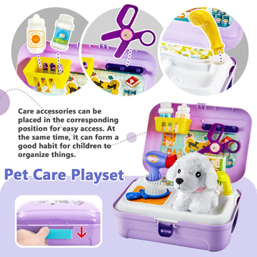 HERSITY Pet Care Vet Kit Kid, Puppy Pretend Play Toy Girl, Toy Dog Bath Grooming Set, Gift 3 4 5 6 Year Old Toddlers Childrens V