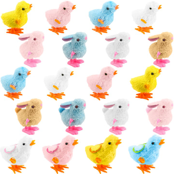 Fahacop 20 Pack Easter Wind Up Chick And Bunny Toys Wind-Up Plush Toys For Easter Egg Hunt Basket Stuffers Easter Party Supplies