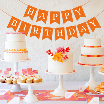 Orange Happy Birthday Banner Birthday Sign For Backdrop Happy Birthday Decorations For Kids Women Orange Birthday Tea Party Room Decor Bunting Banner Garland Birthday Party Supplies