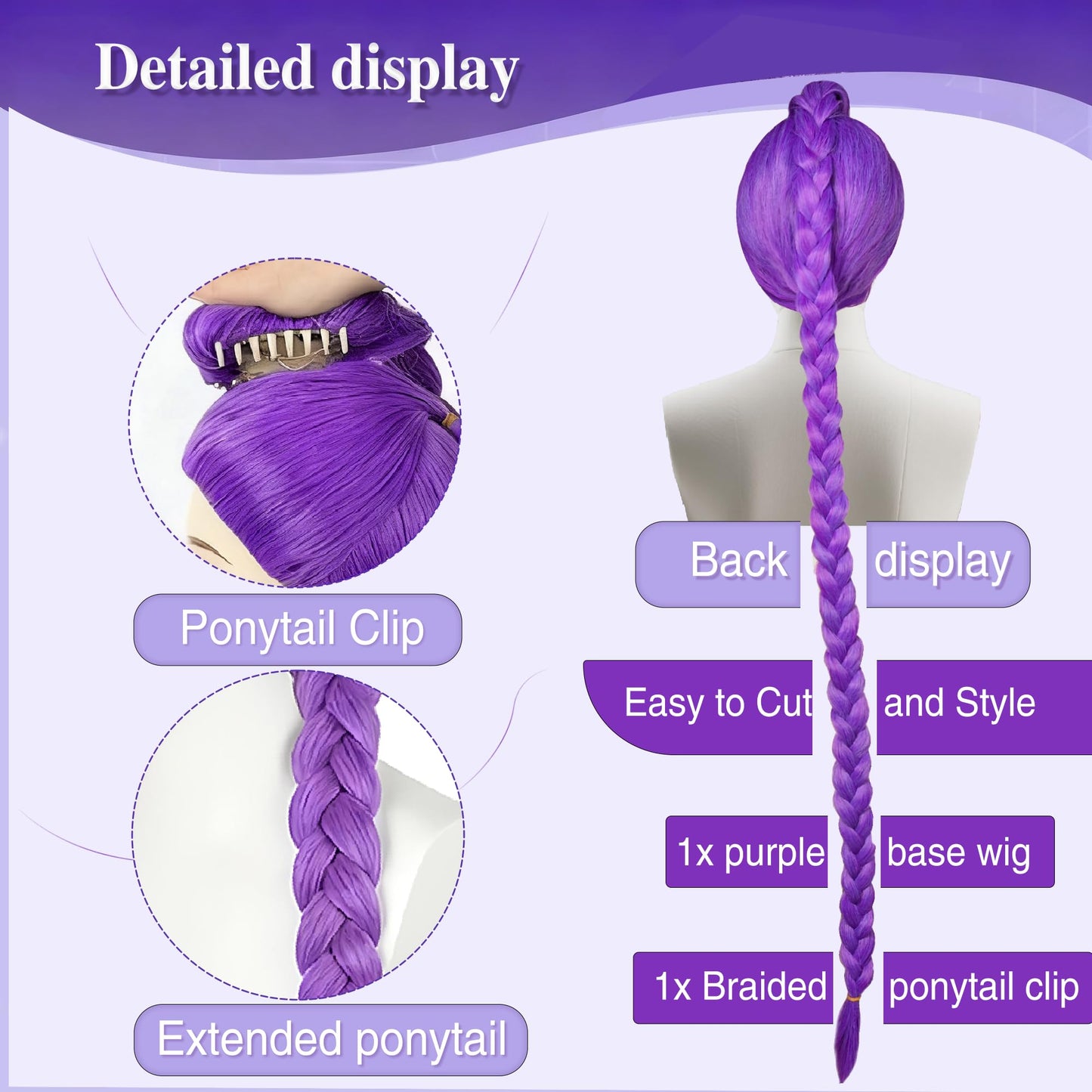 SFYANGXI Long Purple Cosplay Wig with Braid Ponytails - Halloween Cosplay Wigs for Women Costume Party