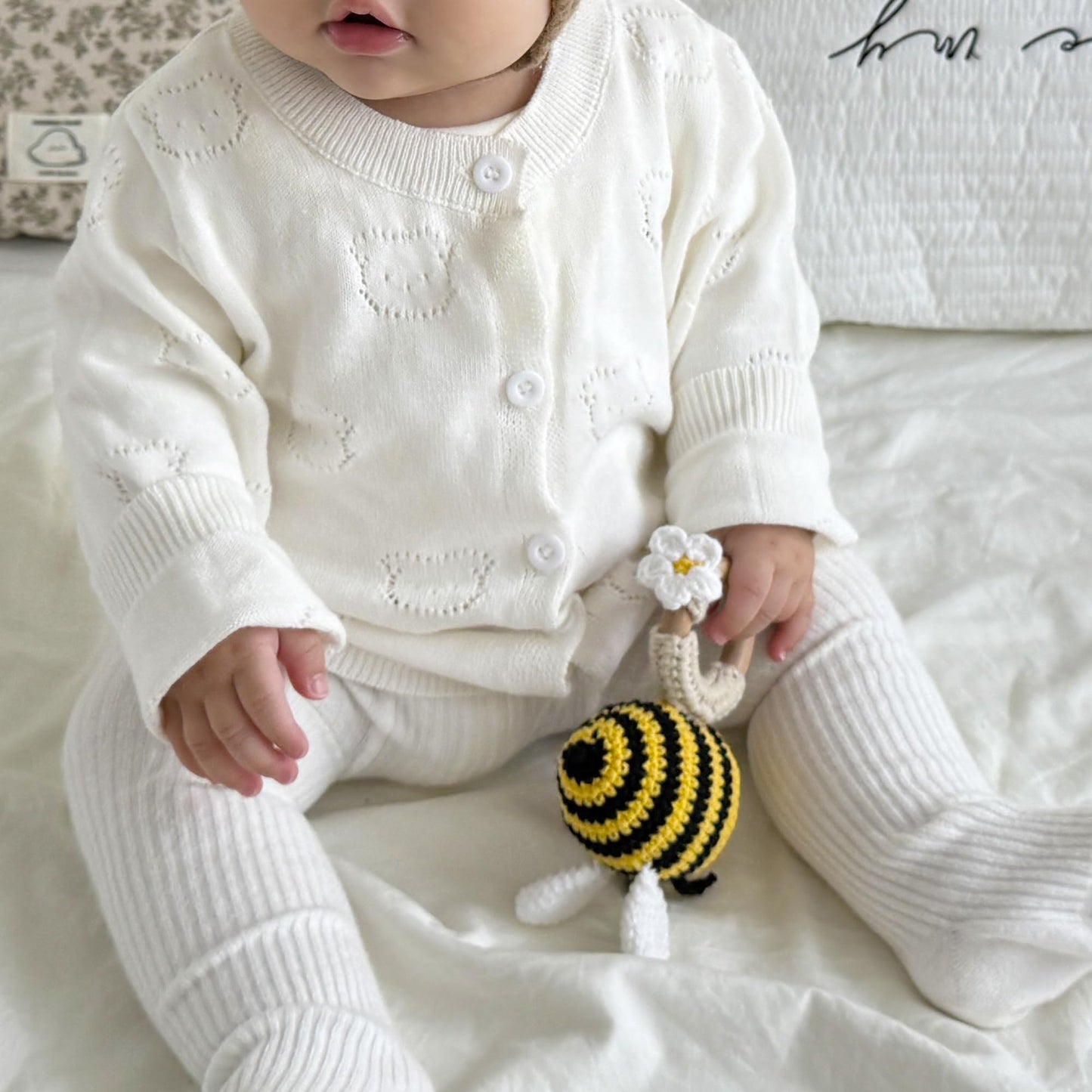 Dicha Crochet Bee Baby Rattle - Sensory Toy For Babies - Ideal For Baby Shower - Includes Beech Teething Ring