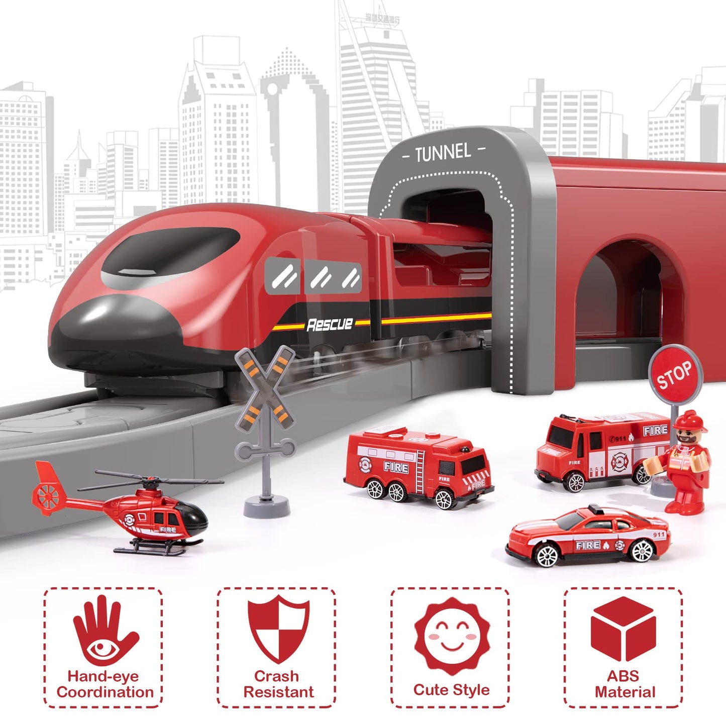 Train Sets For Toddlers, 66 Pcs Trains Toy With Battery Operated & Tracks (Magnetic Connection), Compatible With Thomas, Brio, Christmas Toy Gifts For 3 4 5 6 7 8 Years Old (Fire Engines)