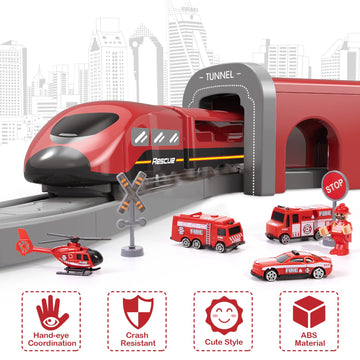 Train Sets For Toddlers, 66 Pcs Trains Toy With Battery Operated & Tracks (Magnetic Connection), Compatible With Thomas, Brio, Christmas Toy Gifts For 3 4 5 6 7 8 Years Old (Fire Engines)