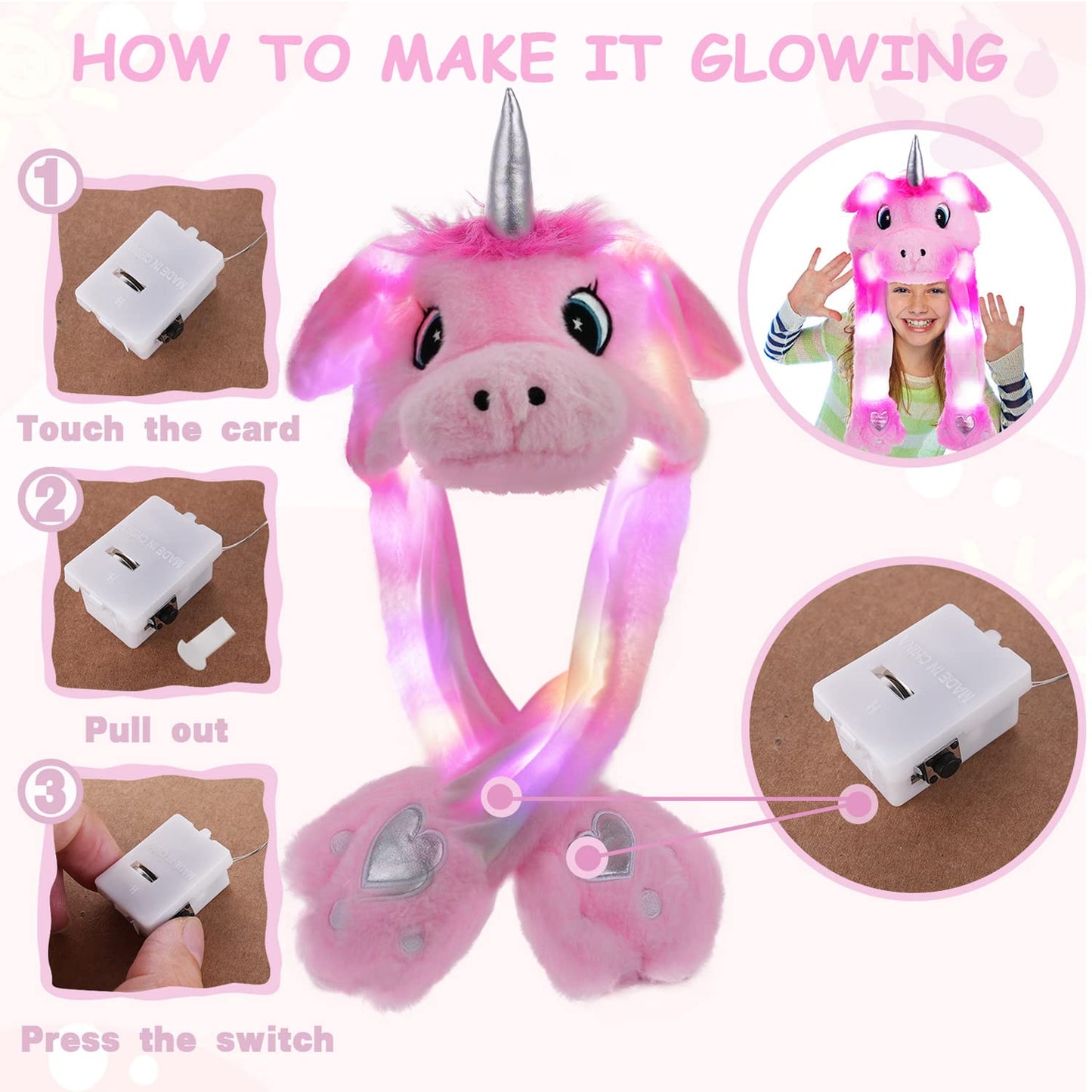 Arcimatto Animal Hat Plush Unicorn Ears Moving Jumping Dress Up Cosplay Party Christmas Holiday Cute Cap For Kids Adults (Pink U