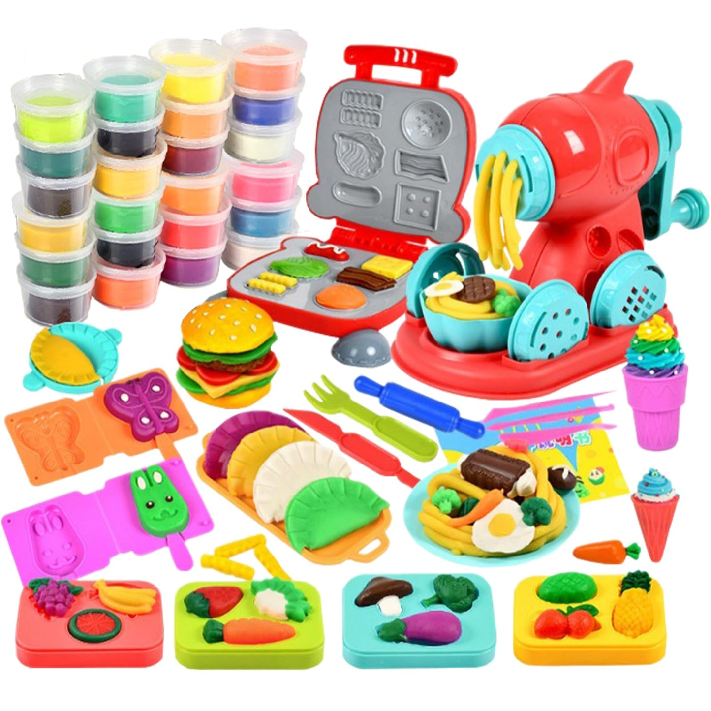 GOVOY 2 in 1 Play Color Dough 51pcs Kitchen Creation with 24pcs of Color Dough, Noodle Hamburger Making Machine Modelling Clay T