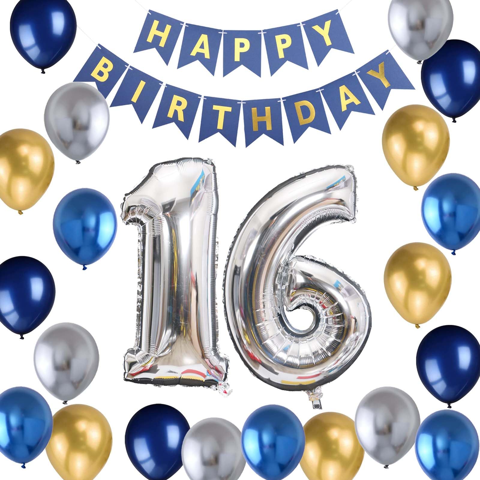 16Th Birthday Party Decoration For Boys, Happy Birthday Banner Blue Number 16 Balloons Metallic Silver Blue Gold Latex Balloon F