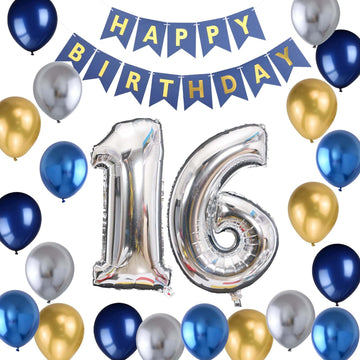 16Th Birthday Party Decoration For Boys, Happy Birthday Banner Blue Number 16 Balloons Metallic Silver Blue Gold Latex Balloon F