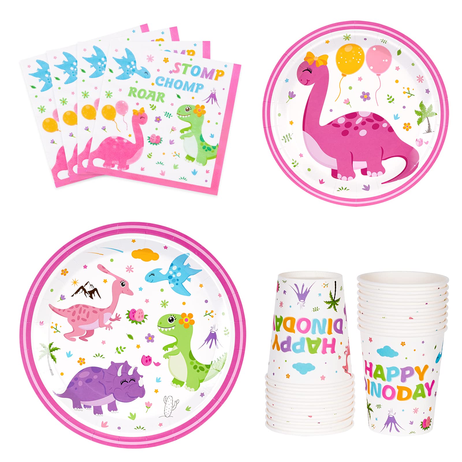 Wernnsai Dinosaur Party Tableware Set - Dino Party Supplies For Girls Disposable Paper Luncheon Dinner Dessert Cake Plates Napkins Cups Baby Shower Birthday Party Dinnerware Kit Serves 16 Guests