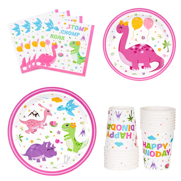 Wernnsai Dinosaur Party Tableware Set - Dino Party Supplies For Girls Disposable Paper Luncheon Dinner Dessert Cake Plates Napkins Cups Baby Shower Birthday Party Dinnerware Kit Serves 16 Guests
