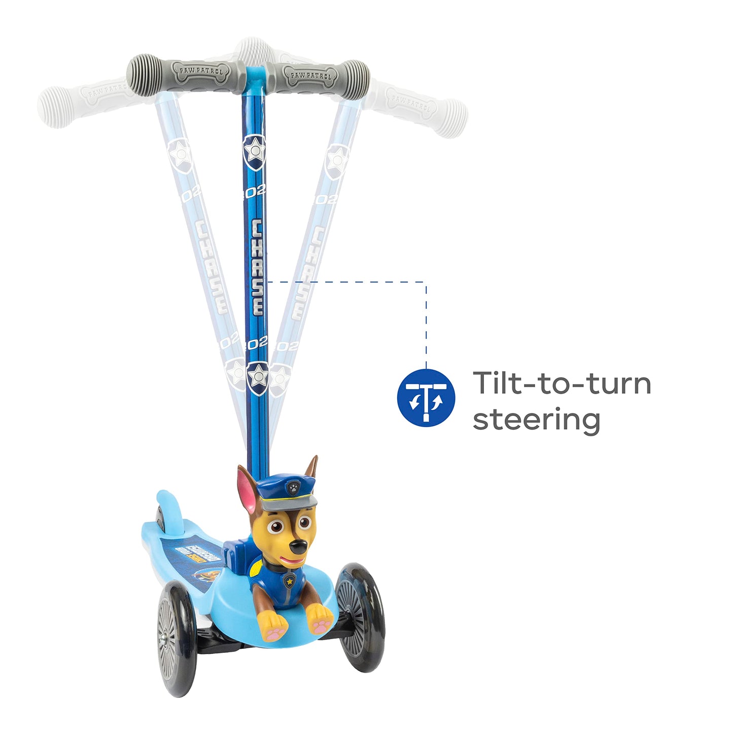 VOYAGER Paw Patrol Chase Kick Scooter - 3 Wheeled Light Up, Anti-Slip Deck, Rear Brake, Lean to Steer, for Kids 3+, 75 LB Limit