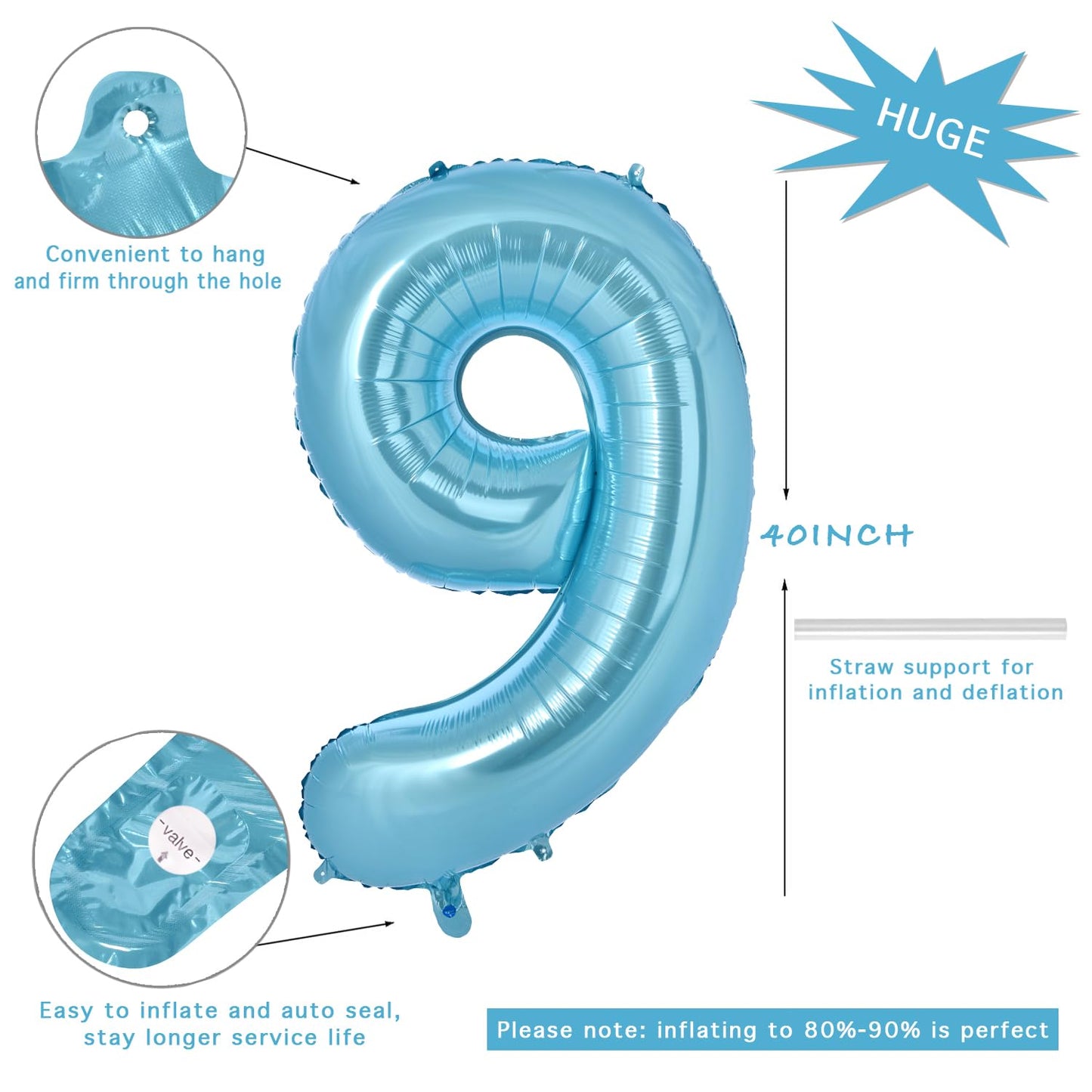 Vonokee 40 Inch Light Blue Giant Number Balloons 9, Jumbo Digital Foil Mylar Balloon For Birthday Party Wedding Anniversary Cele