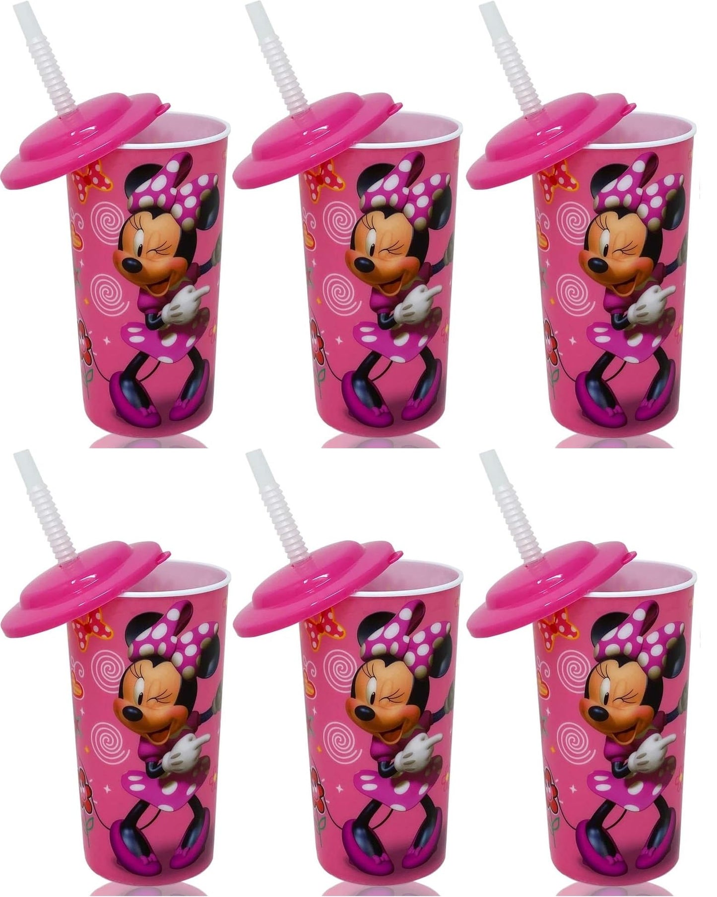 6-Pack Disney Minnie Mouse 16oz Reusable Sports Tumbler Drink Cups with Lids & Straws, Pink