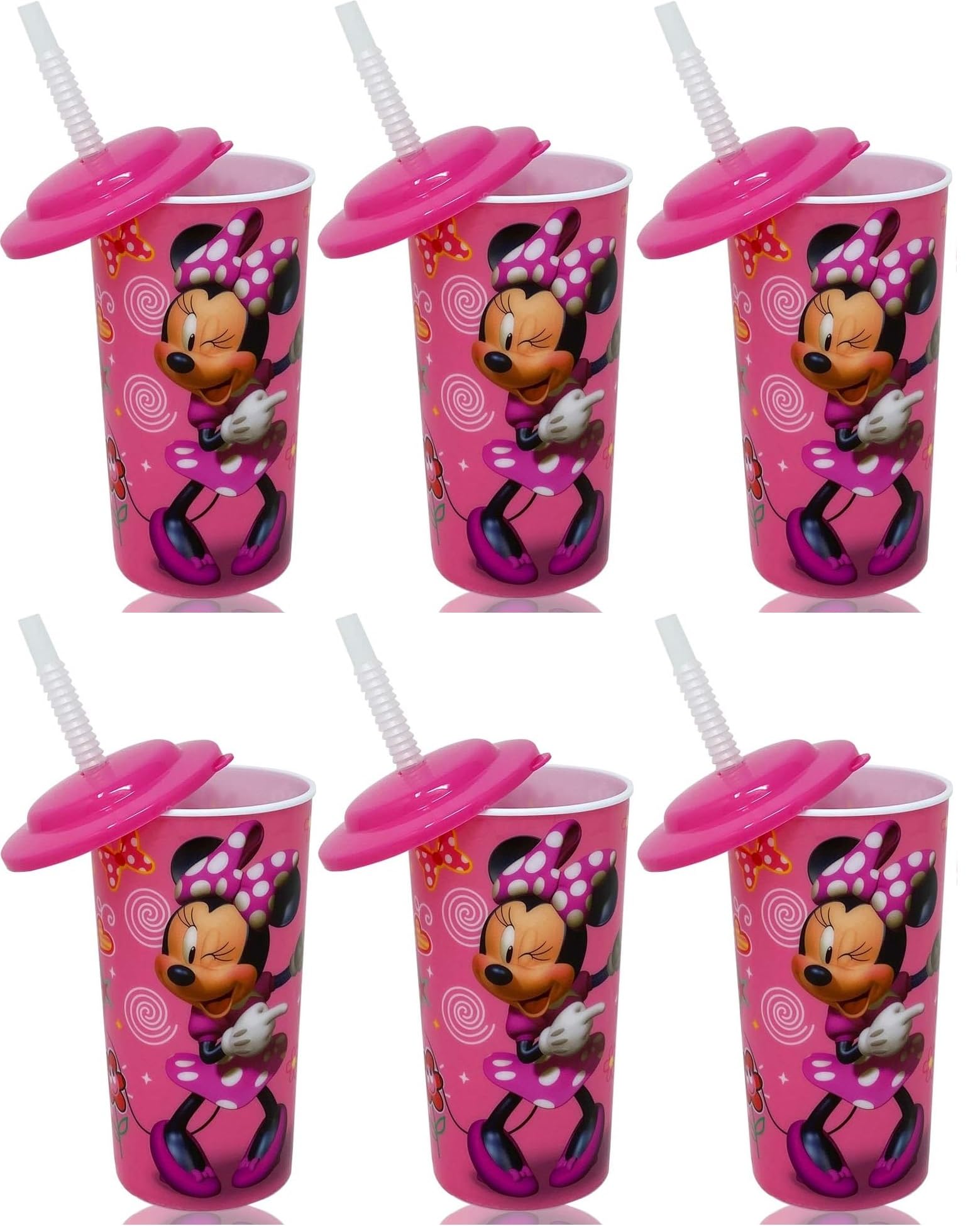 6-Pack Disney Minnie Mouse 16oz Reusable Sports Tumbler Drink Cups with Lids & Straws, Pink