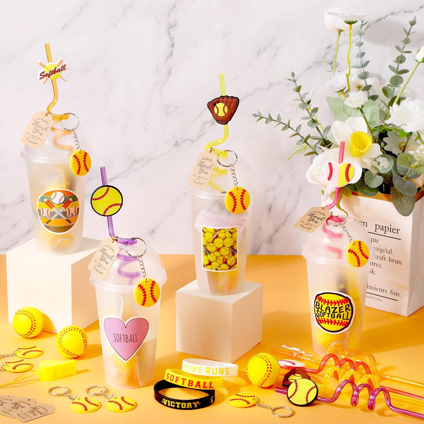 Weysat 268 Pcs Softball Party Favors Sets for 24 People Birthday Gifts Goody Cups with Straws Key Chains Whistles Silicone Wrist