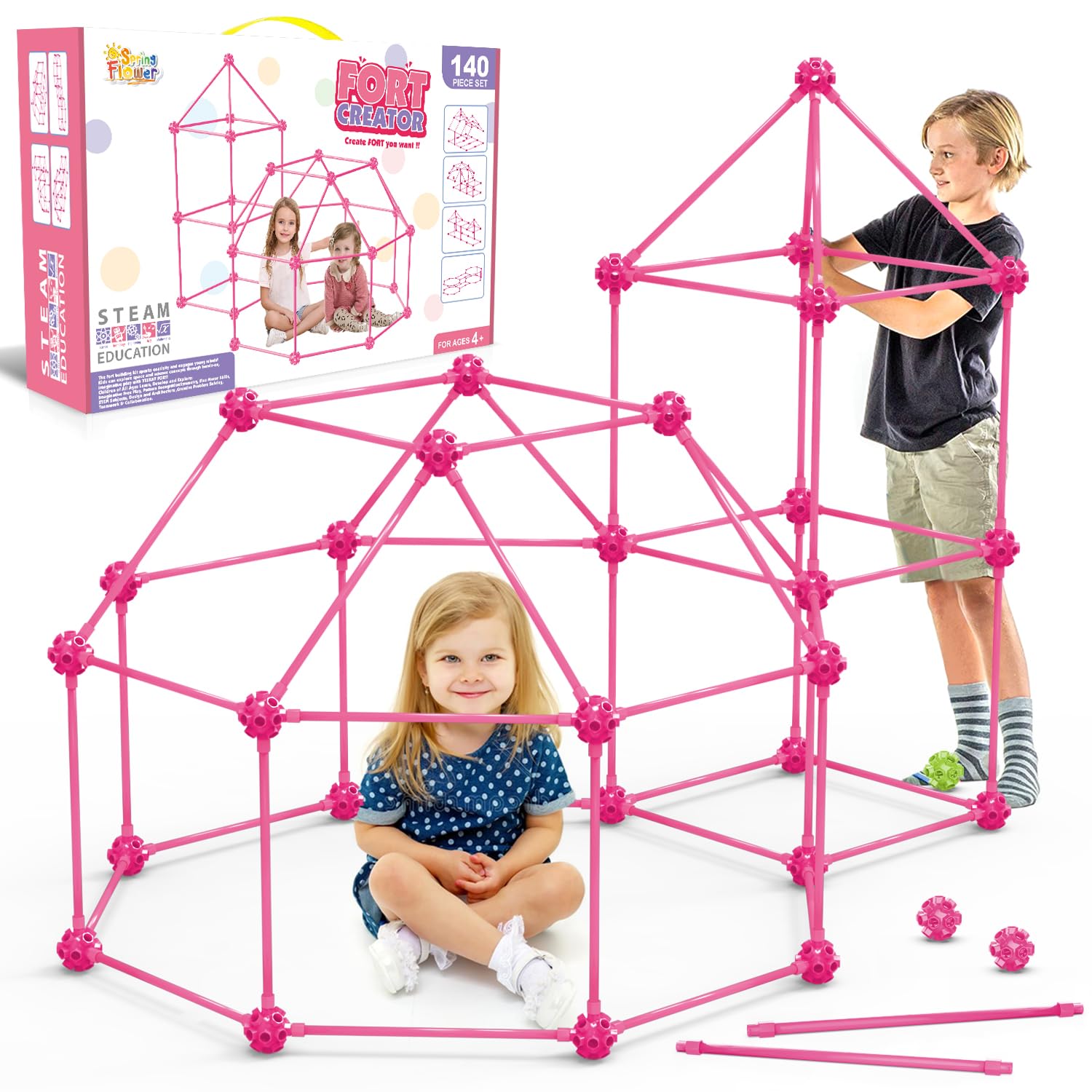 Springflower Fort Building Kit For Kids,Stem Construction Toys, Educational Gift For 3 4 5 6 7 8 9 10 11 12 Years Old Boys And Girls,Ultimate Creative Set For Indoor & Outdoors Activity,140 Pcs,Pink