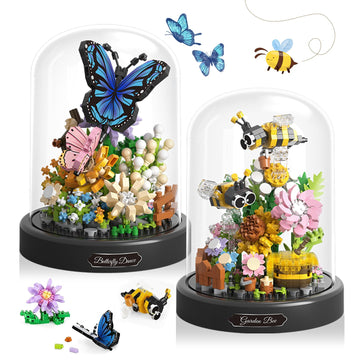 2 Flowers Bouquet Building Set Insect Collection Not Compatible With Lego, Mini Animals Bee & Sunflowers, Butterfly & Rose Botan