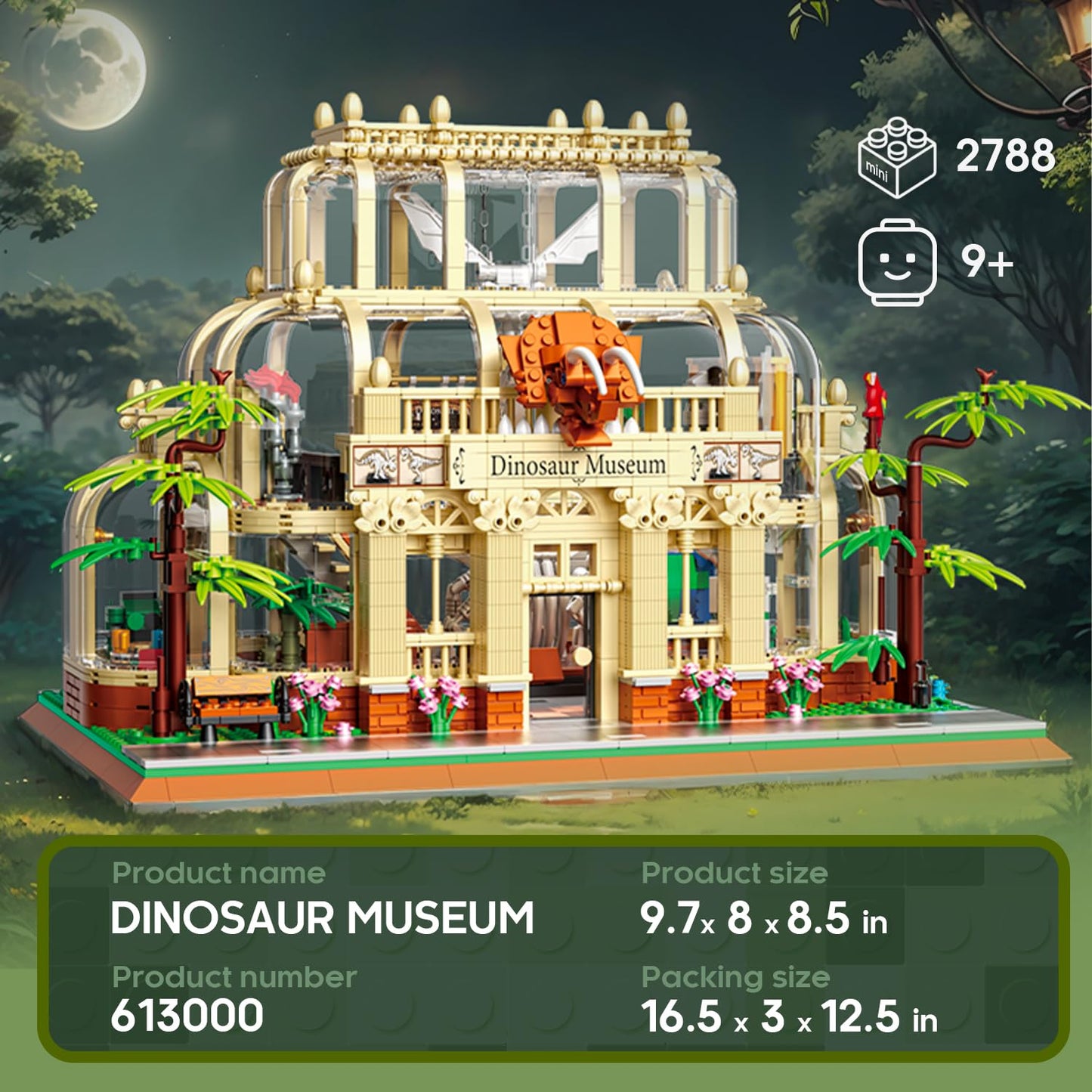 BrickTribe Mini Building Set - 2788PCS Dinosaur Museum Toy, LED Light, Plastic, Clear/Pale Yellow, Model 613000