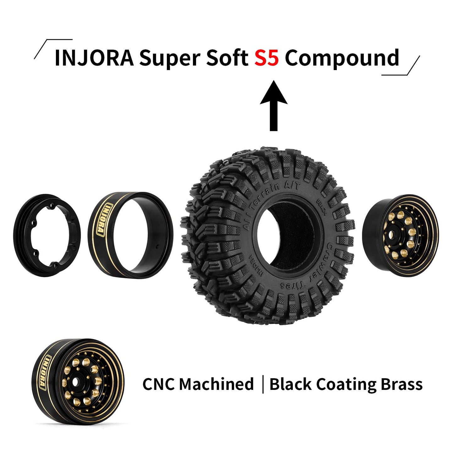 INJORA Black Coating Brass 1.0 Beadlock Wheel Tires Set for Axial SCX24 AX24 TRX4M FCX24 Upgrade 1/24 1/18 RC Crawler Car(Black)