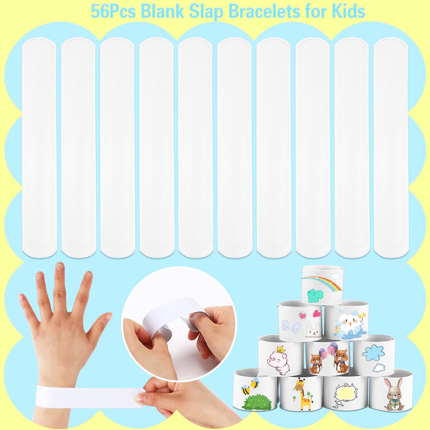 JUNEBRUSHS 56 Pack Slap Bracelets White Blank DIY Slap Bands for Kids Soft Wristband Party Favors Snap Bracelets Bulk for Boys G