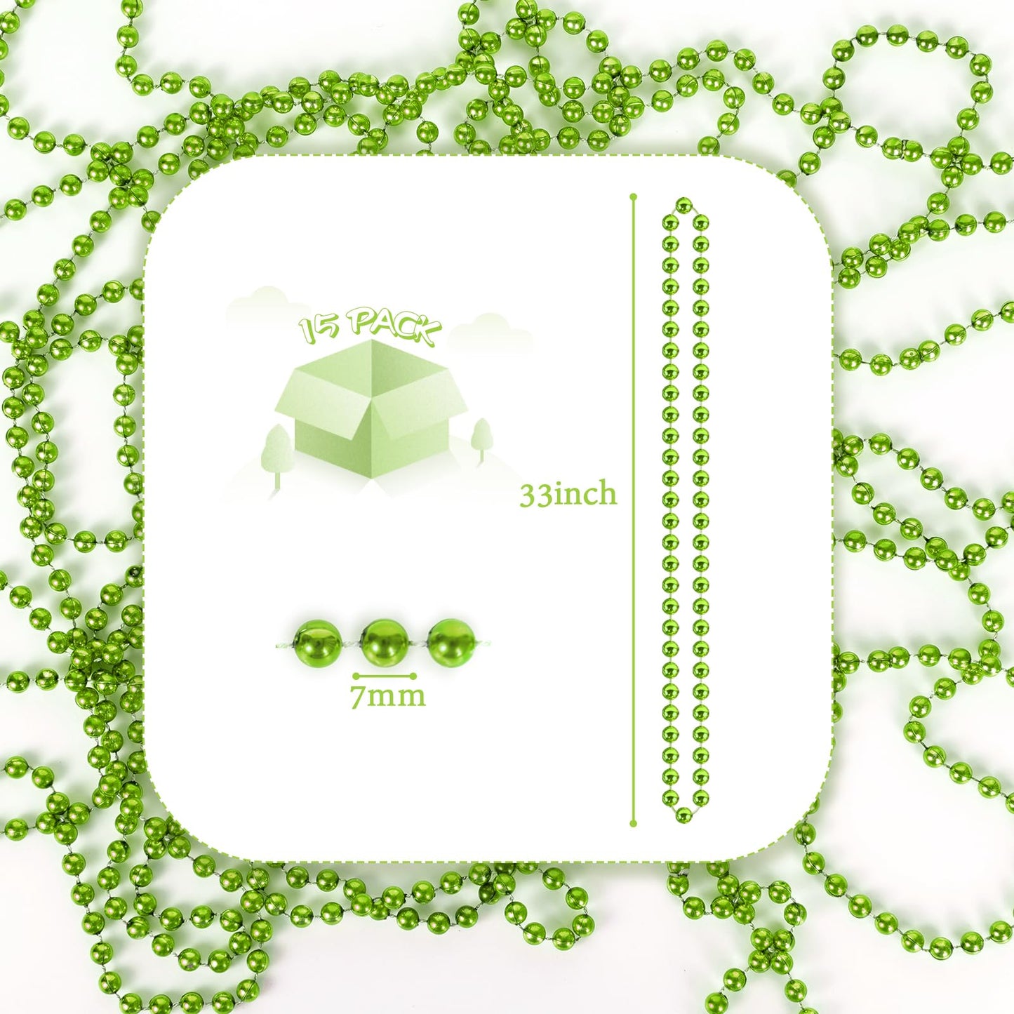 Yaxinrui 33 Inch 7 Mm Metallic Light Green Bead Necklaces, 15Pcs Mardi Gras Beads Bulk Round Beaded Necklaces Costume Necklace F