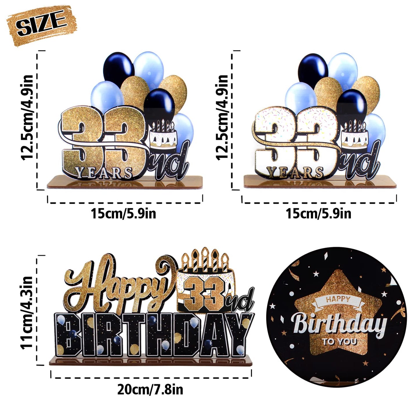 Lingteer Happy 33Rd Birthday Gold Acrylic Table Topper Centerpieces Set - Cheers To 33 Years Old Birthday 33Rd Bday Party Gift Decorations.