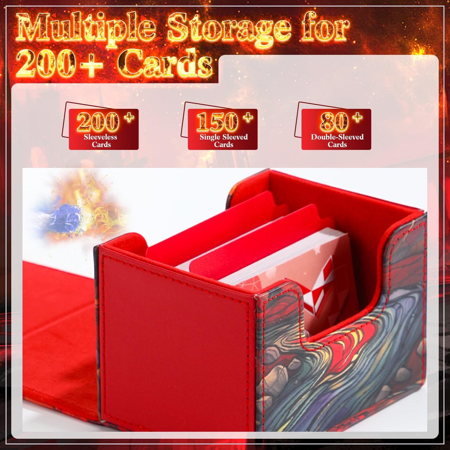 Wonderjune Pu Leather Card Deck Storage Box For Strong Magnet Storage Card Box With 2 Dividers For Tcg Ccg(Red,Flame)
