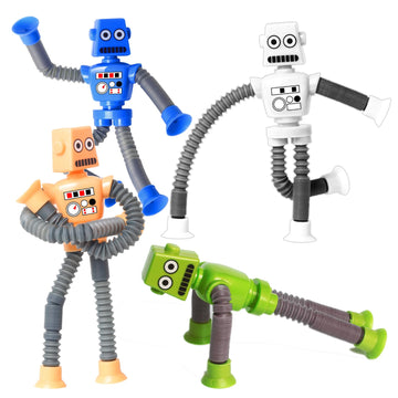 YAYOSUE 4PCS Telescopic Robot Suction Cup Toy - Shape Changing Fidget Toys, Plastic, Robot Color, Model SUN-001, Perfect for Kids