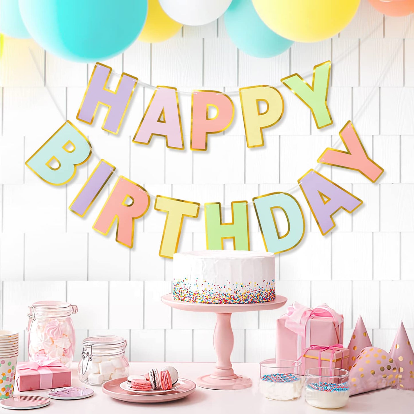 LITAUS Happy Birthday Banner - 9ft Pre-Strung Pastel Decorations, Reusable Paper Backdrop for All Celebrations, Model BD-B01
