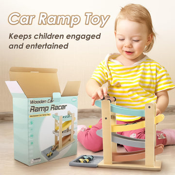Joyreal Wooden Car Ramp Toy - 4-Level Toddler Race Track Set with 4 Mini Cars & Garage for Boys & Girls, Ideal Gift for 1-2 Year Olds