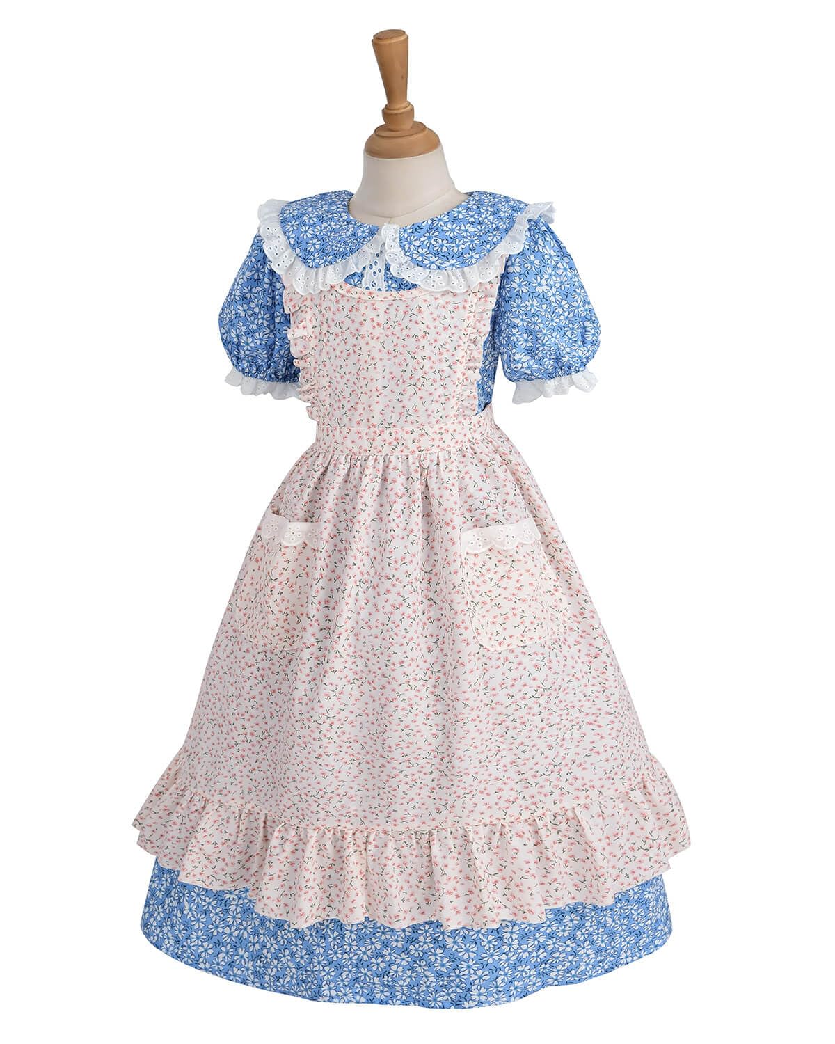 Nuoqi Colonial Costume Girls Prairie Pioneer Dress Laura Ingalls Wilder Costume With Apron Blue, 4-5