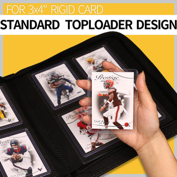 Yodamiack Top loader Binder - Holds 128 Cards in Toploaders for 3  x 4  Portable Card Binders Waterproof PU Leather  Ringless Double-Sided Pages (4 pocket  Carbon Black)