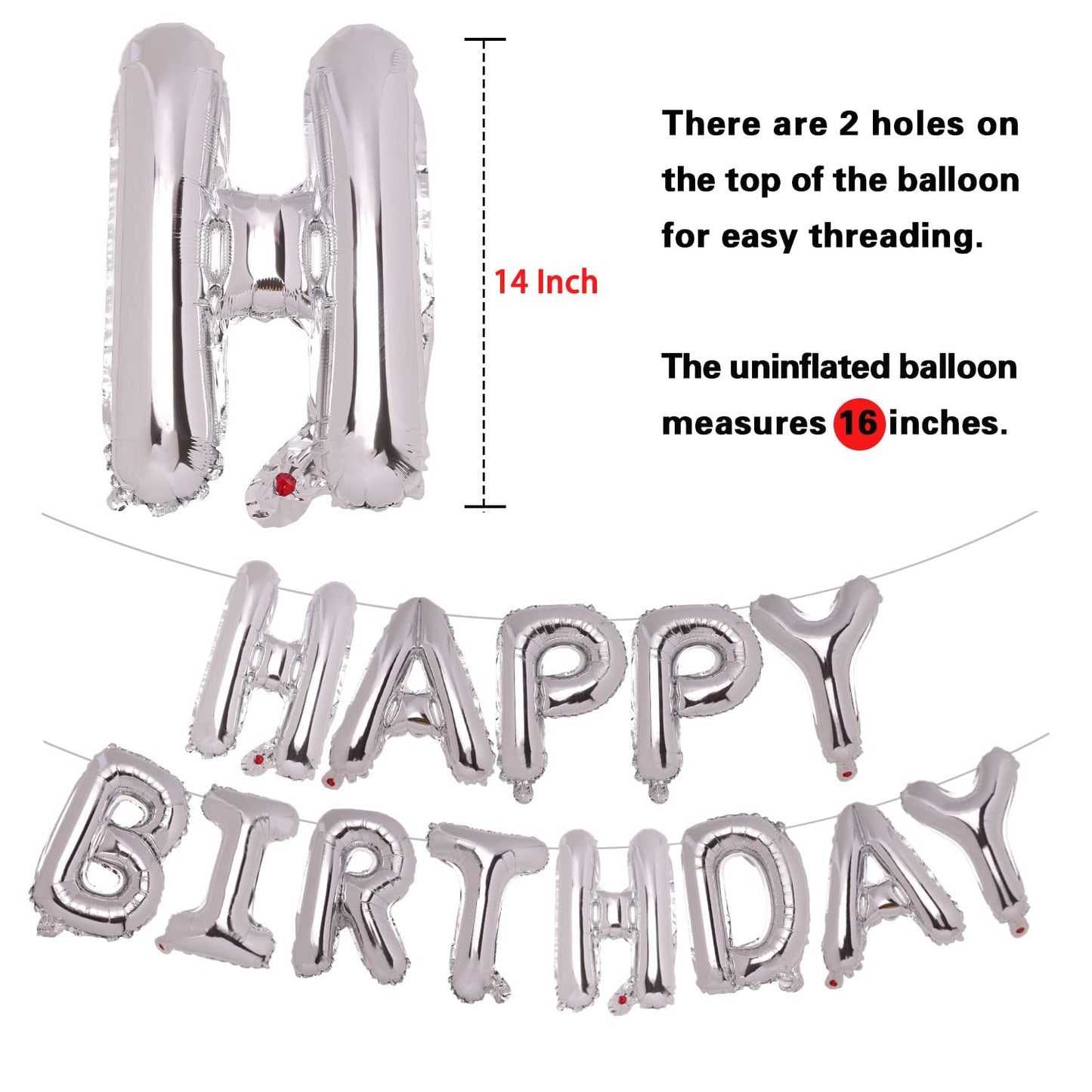 Pigetale Silver Happy Birthday Balloons Banner, 16 Inch 3D Aluminum Foil Inflatable Hanging Letter Kit Set, Mylar Happy Birthday
