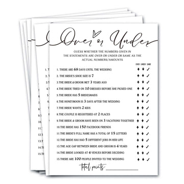 Wedding Shower Games Cards, Guess Over Or Under, Bridal Shower Games 25 Guests, Engagement Party Wedding Games For Guests, Minim