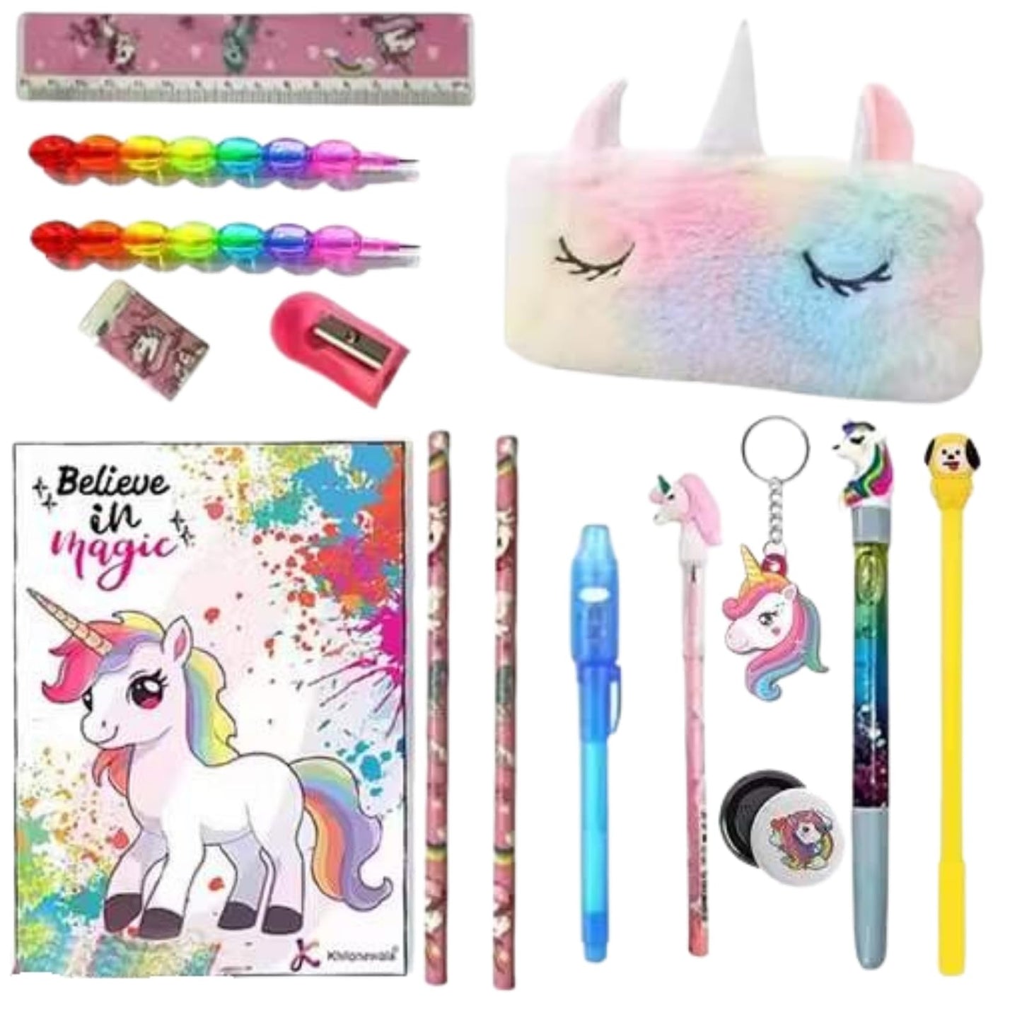 Hisupari Rainbow Unicorn Pencil Case Stationery Set For Girls | Complete School Supplies Kit With Cute Pens, Pencils, Erasers, S