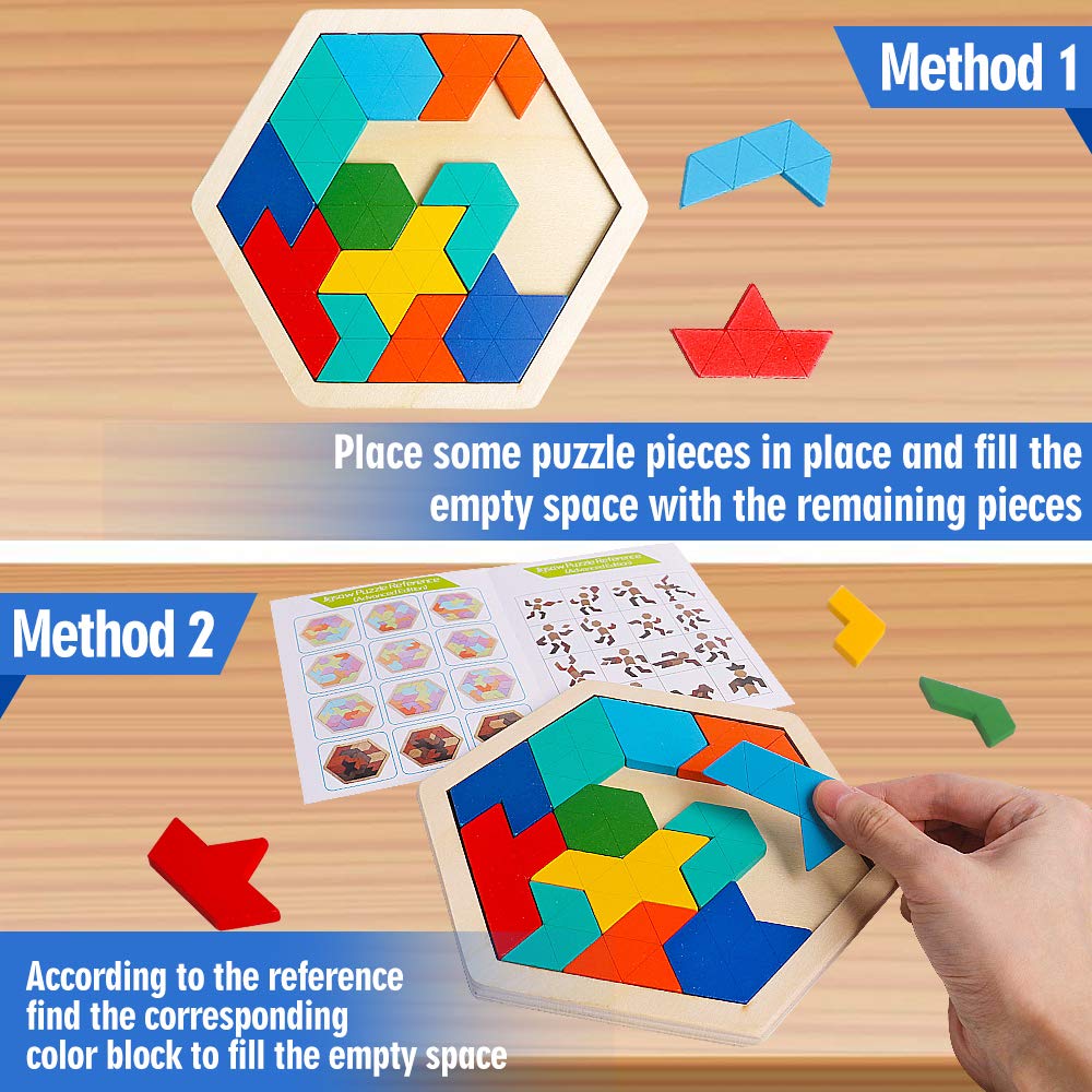 Skrtuan Wooden Hexagon Puzzle For Kid Adults Brain Teaser Blocks Puzzles Games Toy Shape Pattern Block Tangram Geometry Logic Iq Stem Montessori Educational Gift For All Ages Children Boys Girls