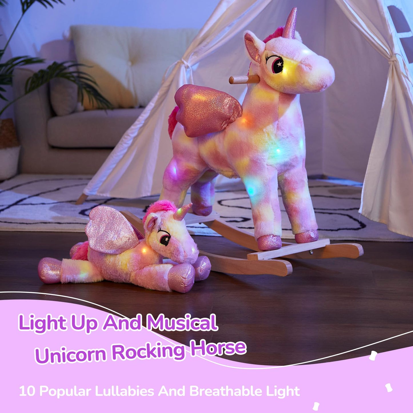 Glow Guards Light up Musical Unicorn Rocking Horse Set of 2 with Stuffed Rainbow Unicorn Toys Ride On Unicorn with Wooden Chair