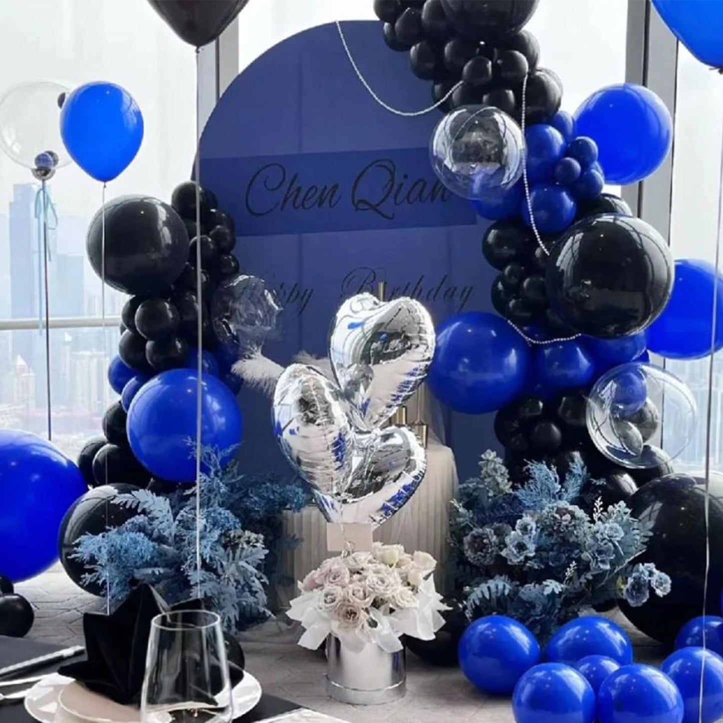 Blue Black And White Balloon Arch Kit, Navy Dark Royal Blue White Black Balloon Garland Kit With Metallic Silver Latex Balloons