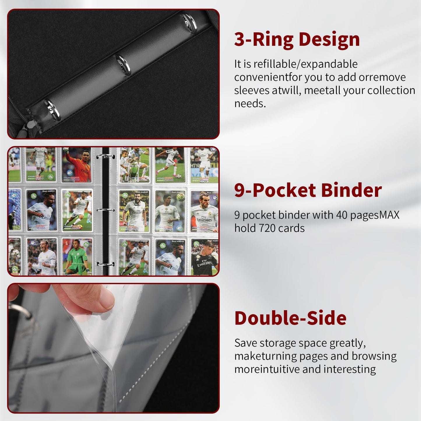 Baseball Trading Card Binder 9 Pocket  enhanced Zip Trading Card Binder  Waterproof 720 Double Sided Pocket PU Collection Binder  Card Album for YuGiOh  MTG  TCG  Game Cards & Sports Cards (White 1)