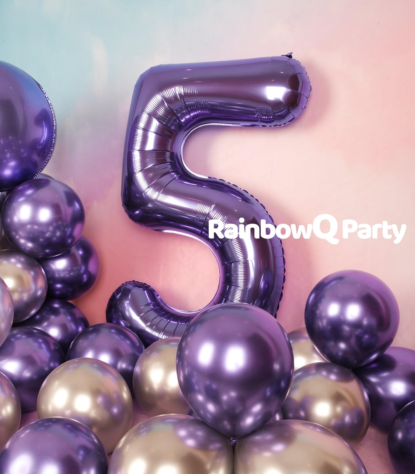 Rainbowq Party 5 Balloon Number 40 Inch For Boy Or Girl Big Purple 0-9 Foil Mylar Large 5 Number Balloon Happy 5Th Birthday Part