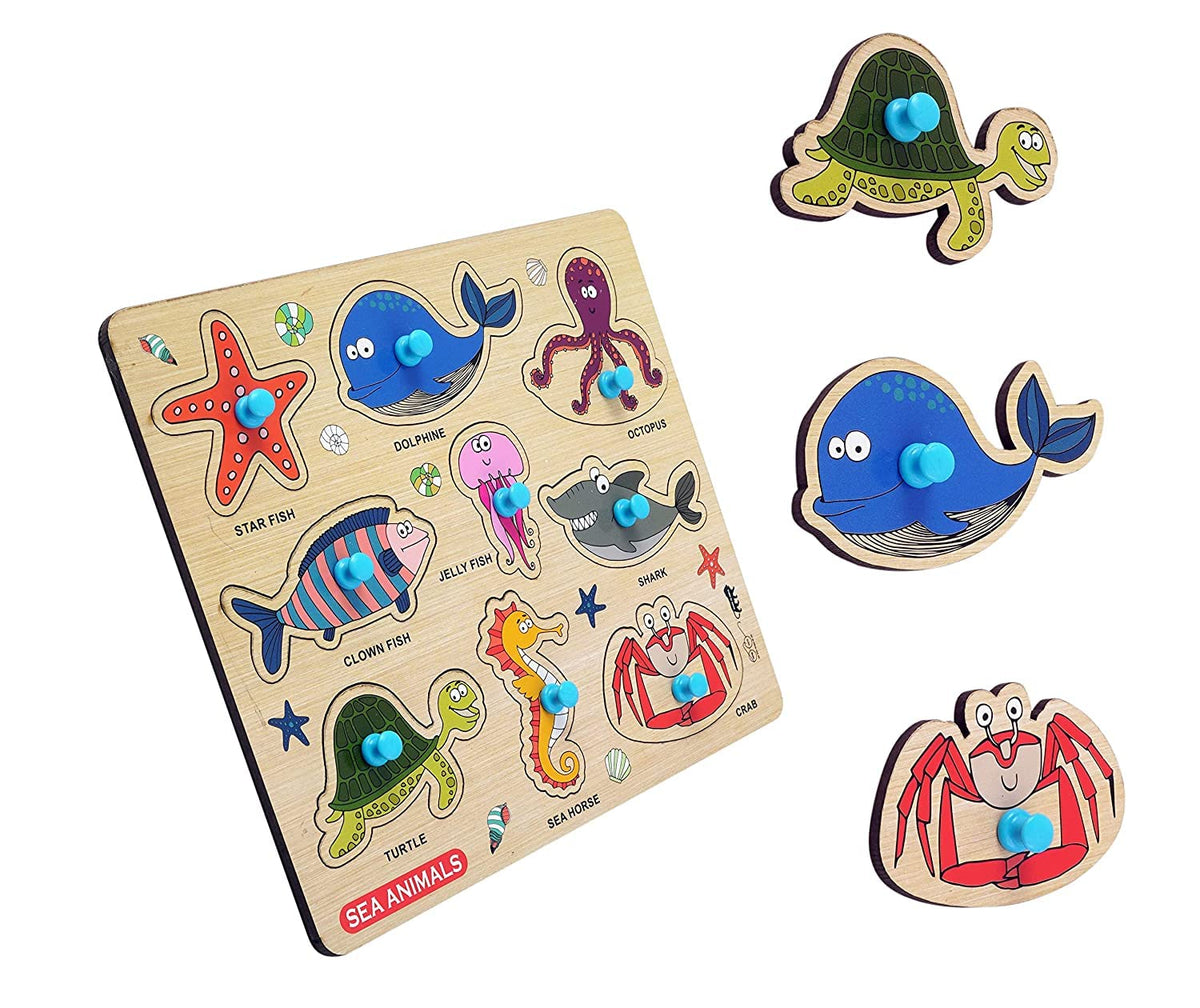 GREST Mini Wooden Sea Animals Puzzle with Knobs, Educational and Learning Game for Kids