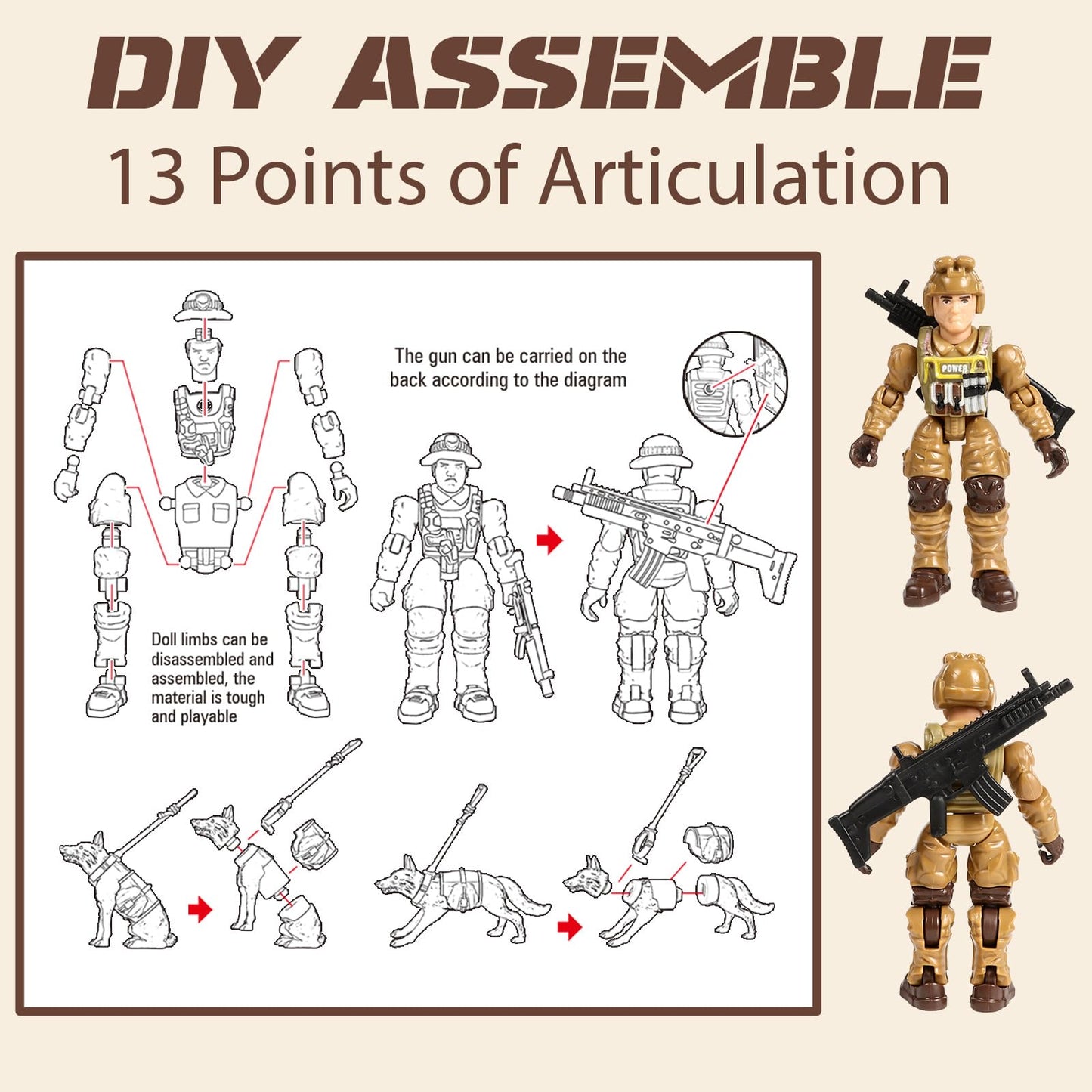 HAPTIME Army Men Action Figures with   Toy Soldiers for Boys  Plastic Army Toys for Boys 6-8  Birthday Gift for Military Collectors (6Pcs Yellow)