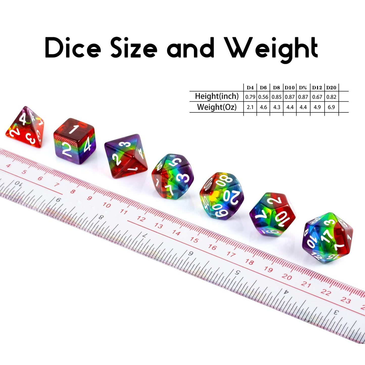 Rainbow DND Dice Set, DNDND Transparent Rainbow Polyhedral Die with Free Organza Bag for D&D Dungeons and Dragons RPGs Role Play