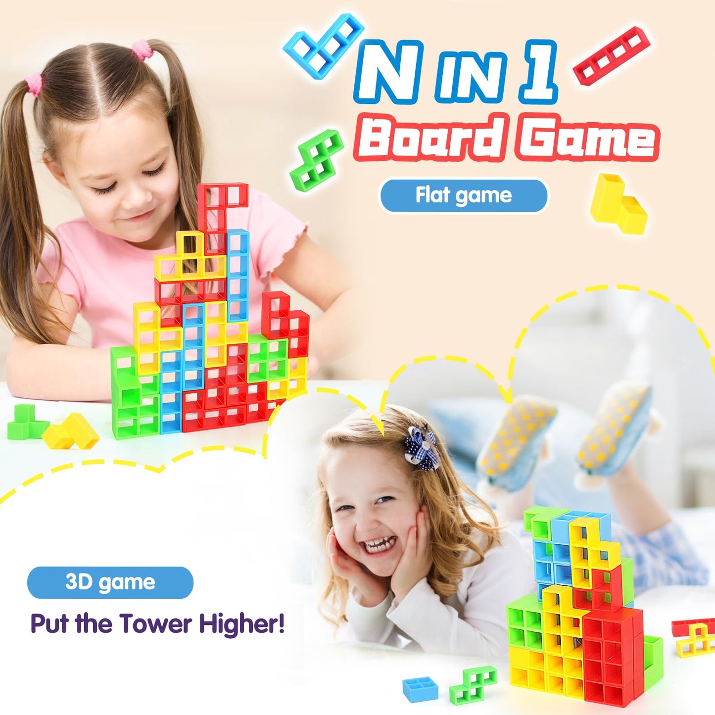 BBnote 64PCS Stack Game for mature-themed & Kids  Tetra Board Tower Games for Family Travel Party  2 Players Balance Stacking Toy  Team Toys Building Block
